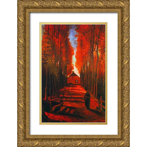 Lane Autumn Gold Ornate Wood Framed Art Print with Double Matting by Van Gogh, Vincent