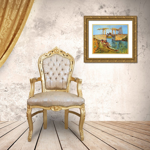 Langlois Bridge Women Washing Gold Ornate Wood Framed Art Print with Double Matting by Van Gogh, Vincent