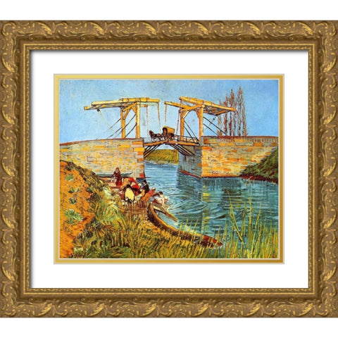 Langlois Bridge Women Washing Gold Ornate Wood Framed Art Print with Double Matting by Van Gogh, Vincent