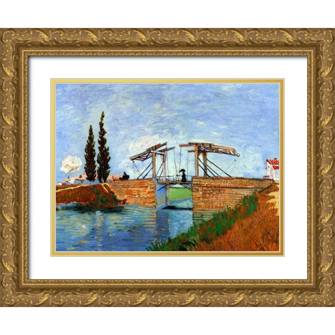 Lanlois Bridge Arles Gold Ornate Wood Framed Art Print with Double Matting by Van Gogh, Vincent
