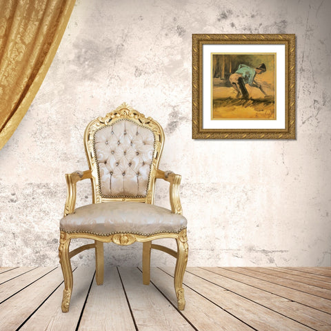 Man Digging Gold Ornate Wood Framed Art Print with Double Matting by Van Gogh, Vincent