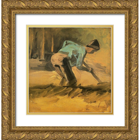 Man Digging Gold Ornate Wood Framed Art Print with Double Matting by Van Gogh, Vincent