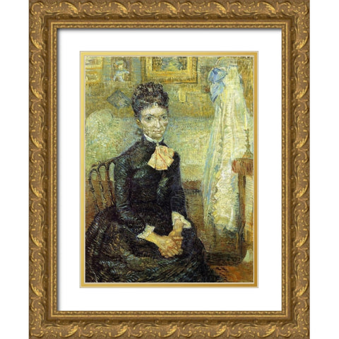 Mother By Cradle Gold Ornate Wood Framed Art Print with Double Matting by Van Gogh, Vincent