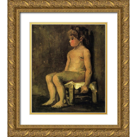 Nude Study Of A Little Girl Seated 1886 Gold Ornate Wood Framed Art Print with Double Matting by Van Gogh, Vincent