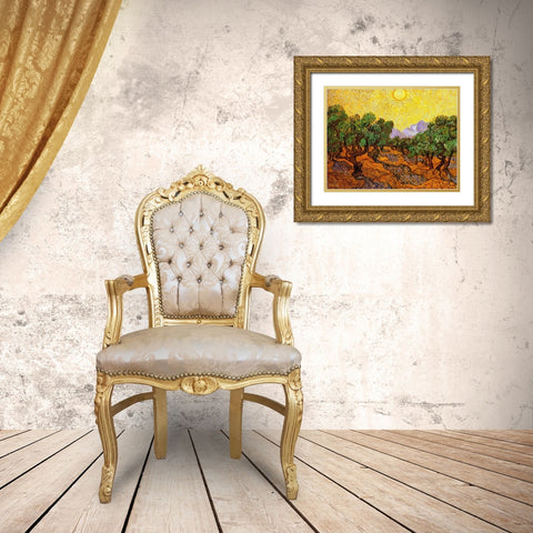Olive Trees With Yellow Sky And Sun Gold Ornate Wood Framed Art Print with Double Matting by Van Gogh, Vincent