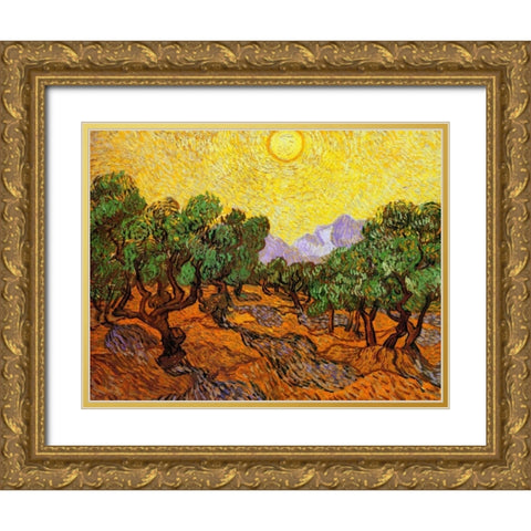 Olive Trees With Yellow Sky And Sun Gold Ornate Wood Framed Art Print with Double Matting by Van Gogh, Vincent