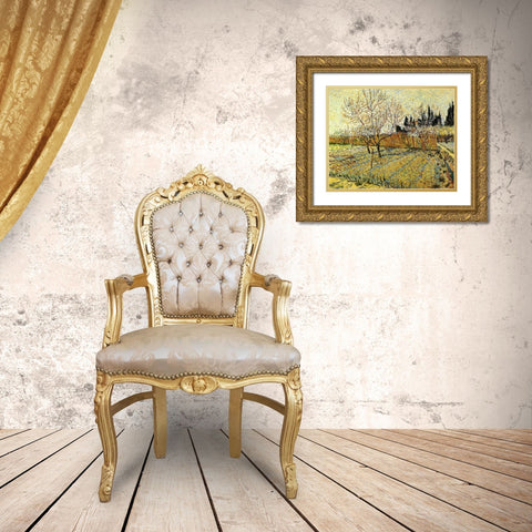 Orchard Springtime Gold Ornate Wood Framed Art Print with Double Matting by Van Gogh, Vincent