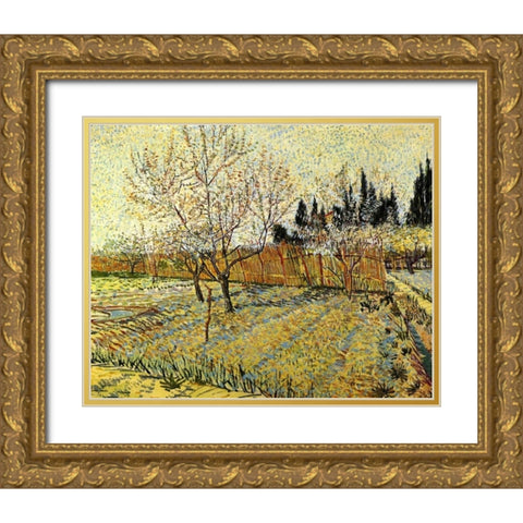 Orchard Springtime Gold Ornate Wood Framed Art Print with Double Matting by Van Gogh, Vincent