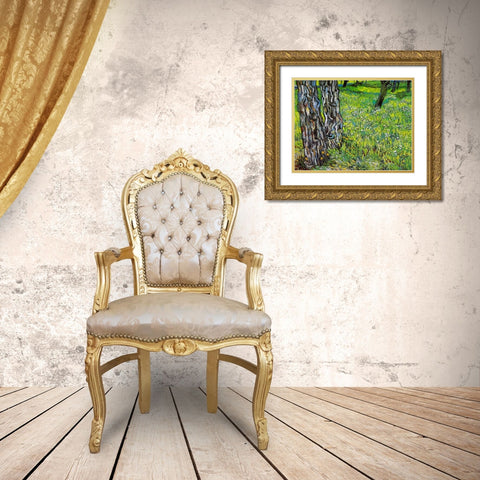 Pine Trees And Dandelions In The Garden Of Saint Paul Hospital 1890 Gold Ornate Wood Framed Art Print with Double Matting by Van Gogh, Vincent