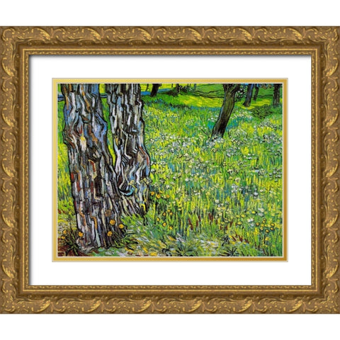 Pine Trees And Dandelions In The Garden Of Saint Paul Hospital 1890 Gold Ornate Wood Framed Art Print with Double Matting by Van Gogh, Vincent