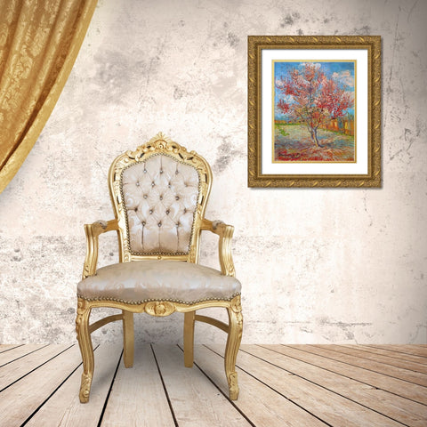 Pink Peach Tree In Blossom Gold Ornate Wood Framed Art Print with Double Matting by Van Gogh, Vincent