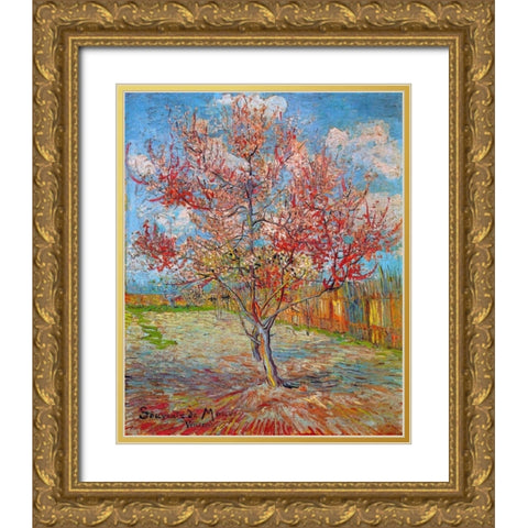 Pink Peach Tree In Blossom Gold Ornate Wood Framed Art Print with Double Matting by Van Gogh, Vincent