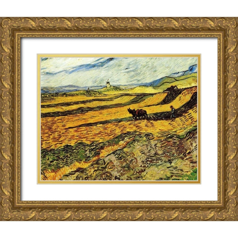 Ploughman And Mill Gold Ornate Wood Framed Art Print with Double Matting by Van Gogh, Vincent