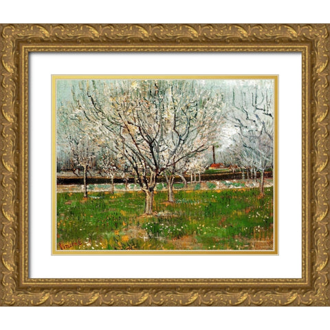 Plum Trees In Blossom Gold Ornate Wood Framed Art Print with Double Matting by Van Gogh, Vincent