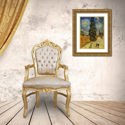 Road Cypress And Star Gold Ornate Wood Framed Art Print with Double Matting by Van Gogh, Vincent