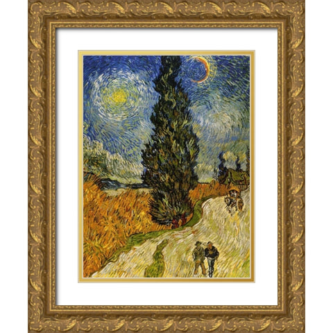 Road Cypress And Star Gold Ornate Wood Framed Art Print with Double Matting by Van Gogh, Vincent