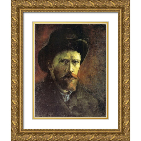 Self Portrait Dark Felt Hat Gold Ornate Wood Framed Art Print with Double Matting by Van Gogh, Vincent