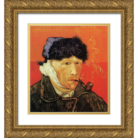 Self Portrait Ear And Pipe Gold Ornate Wood Framed Art Print with Double Matting by Van Gogh, Vincent