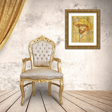 Self Portrait Straw Hat Gold Ornate Wood Framed Art Print with Double Matting by Van Gogh, Vincent