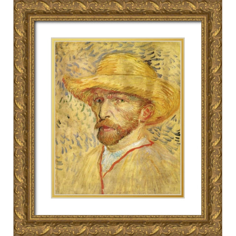 Self Portrait Straw Hat Gold Ornate Wood Framed Art Print with Double Matting by Van Gogh, Vincent