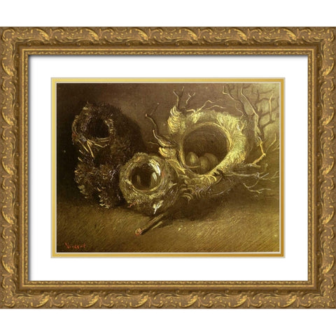 Still Life With Three Birds Nests Gold Ornate Wood Framed Art Print with Double Matting by Van Gogh, Vincent