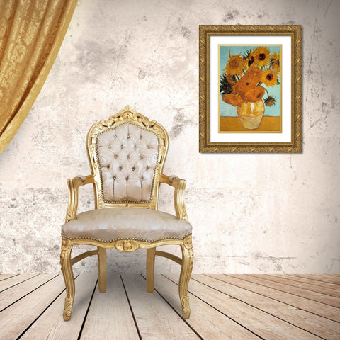 Sunflowers 1888 - 3 Gold Ornate Wood Framed Art Print with Double Matting by Van Gogh, Vincent
