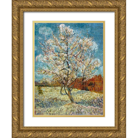 The Pink Peach Tree 1888 Gold Ornate Wood Framed Art Print with Double Matting by Van Gogh, Vincent