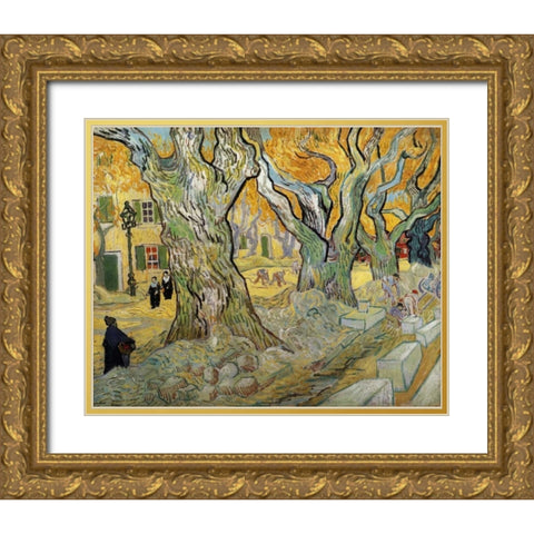 The Road Menders Gold Ornate Wood Framed Art Print with Double Matting by Van Gogh, Vincent