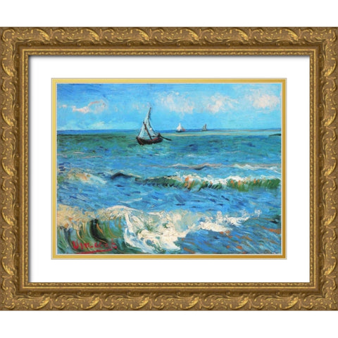 The Sea At Les Saintes Maries De La Mer Gold Ornate Wood Framed Art Print with Double Matting by Van Gogh, Vincent