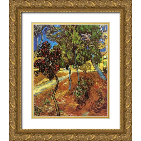 Tree In Garden St Paul Hospital Gold Ornate Wood Framed Art Print with Double Matting by Van Gogh, Vincent