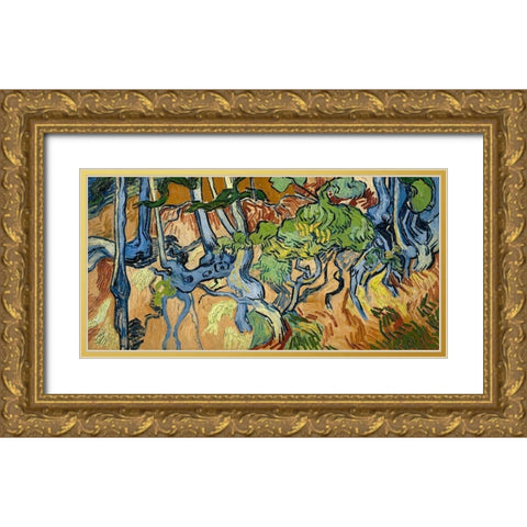 Tree Roots And Trunks, 1890 Gold Ornate Wood Framed Art Print with Double Matting by Van Gogh, Vincent