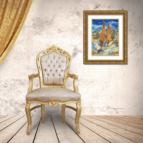 Two Poplars On Road Gold Ornate Wood Framed Art Print with Double Matting by Van Gogh, Vincent