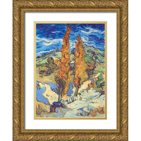 Two Poplars On Road Gold Ornate Wood Framed Art Print with Double Matting by Van Gogh, Vincent