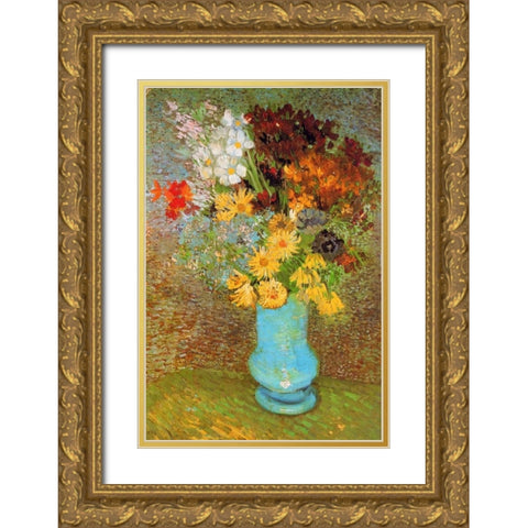 Vase Daisies And Anemones Gold Ornate Wood Framed Art Print with Double Matting by Van Gogh, Vincent
