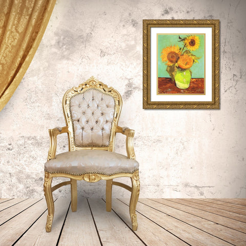 Vase With Three Sunflowers Gold Ornate Wood Framed Art Print with Double Matting by Van Gogh, Vincent