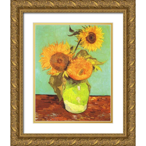 Vase With Three Sunflowers Gold Ornate Wood Framed Art Print with Double Matting by Van Gogh, Vincent