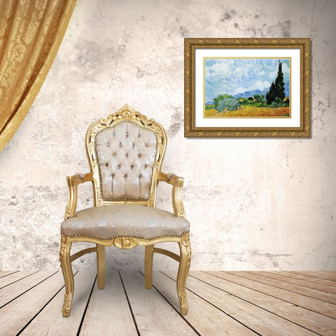 Wheat Field with Cypresses Gold Ornate Wood Framed Art Print with Double Matting by Van Gogh, Vincent