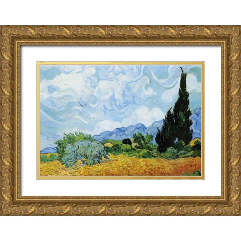 Wheat Field with Cypresses Gold Ornate Wood Framed Art Print with Double Matting by Van Gogh, Vincent