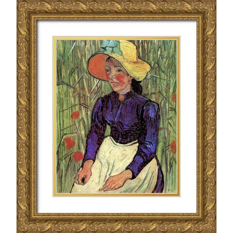 Young Peasant Woman Straw Hat Gold Ornate Wood Framed Art Print with Double Matting by Van Gogh, Vincent