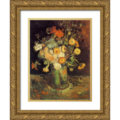 Zinnias Geraniums Gold Ornate Wood Framed Art Print with Double Matting by Van Gogh, Vincent