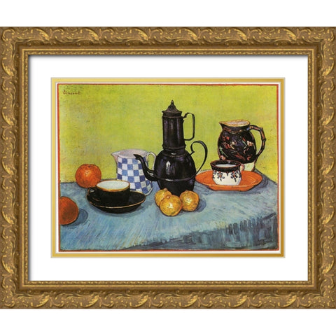 Blue Enamel Coffeepot Gold Ornate Wood Framed Art Print with Double Matting by Van Gogh, Vincent