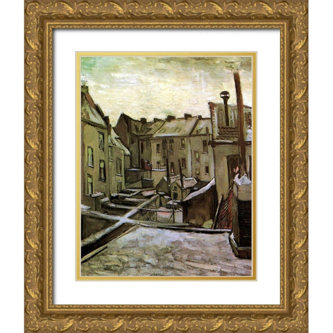 Backyards Old Houses Antwerp Snow Gold Ornate Wood Framed Art Print with Double Matting by Van Gogh, Vincent