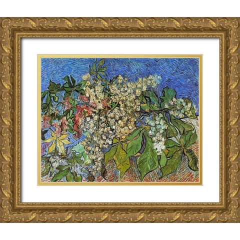 Blossoming Chestnut Branches Gold Ornate Wood Framed Art Print with Double Matting by Van Gogh, Vincent