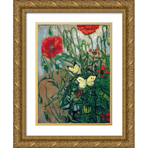 Butterflies And Poppies Gold Ornate Wood Framed Art Print with Double Matting by Van Gogh, Vincent