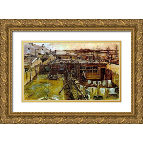 Carpenter Workshop Seen From The Artists Studio Gold Ornate Wood Framed Art Print with Double Matting by Van Gogh, Vincent