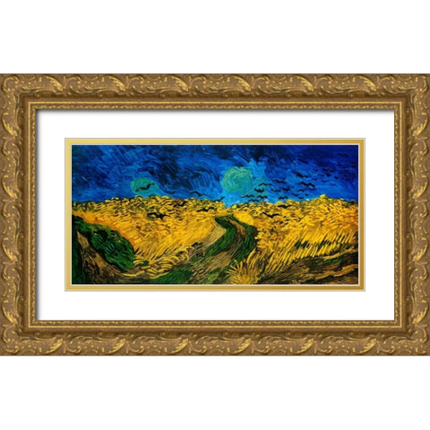Crows Over Wheat Field Gold Ornate Wood Framed Art Print with Double Matting by Van Gogh, Vincent