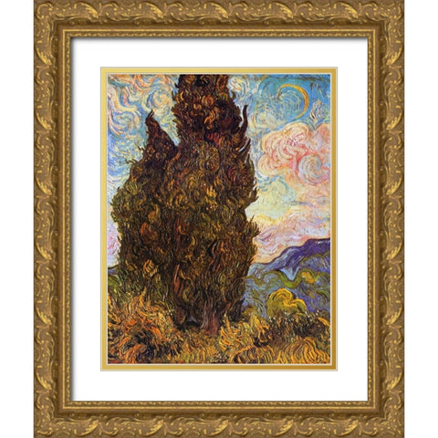 Cypresses Gold Ornate Wood Framed Art Print with Double Matting by Van Gogh, Vincent