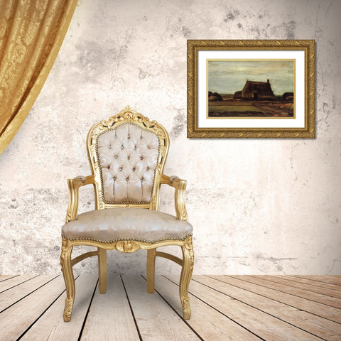 Farm House With Peat Stacks Gold Ornate Wood Framed Art Print with Double Matting by Van Gogh, Vincent