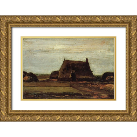 Farm House With Peat Stacks Gold Ornate Wood Framed Art Print with Double Matting by Van Gogh, Vincent