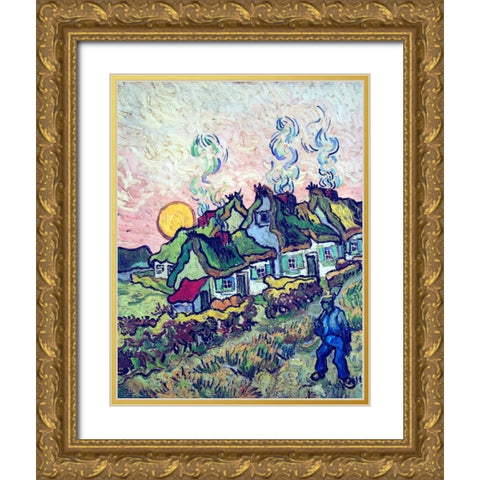 Figure And Houses Gold Ornate Wood Framed Art Print with Double Matting by Van Gogh, Vincent